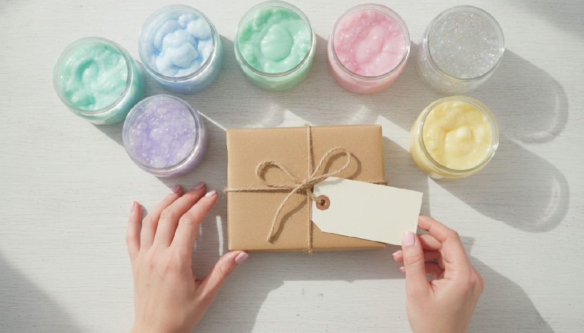 Flat lay of colourful UK-made slime jars in different textures and pastel colours beside a small cardboard parcel, ready for delivery.