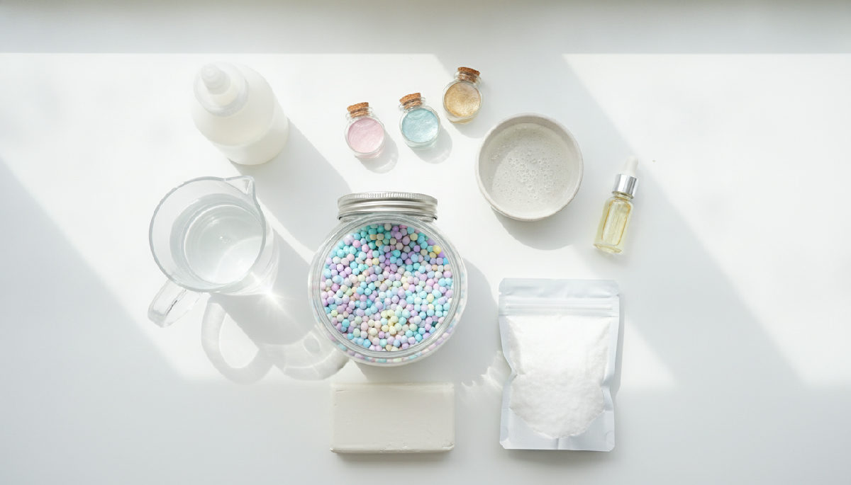 A neat flat lay of common safe slime ingredients on a bright white table: PVA glue, water, activator, cosmetic mica pigments, fragrance oil, foam beads, air-dry clay and instant snow.