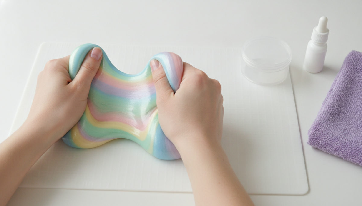 Two clean hands knead a fresh pot of glossy slime on a white silicone mat beside an airtight container, saline solution and a small towel.