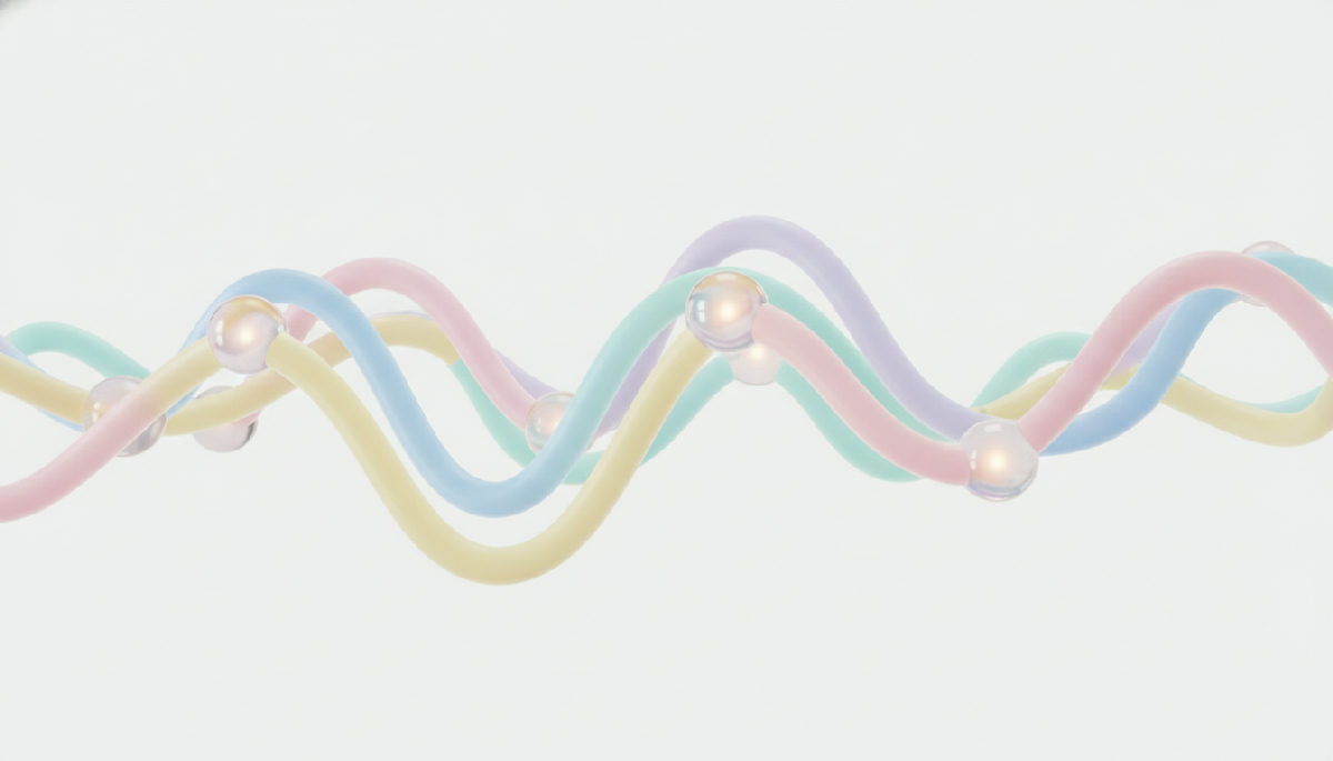Simple illustration of long wavy polymer chains gently linked by small ions to form a flexible, stretchy slime network.