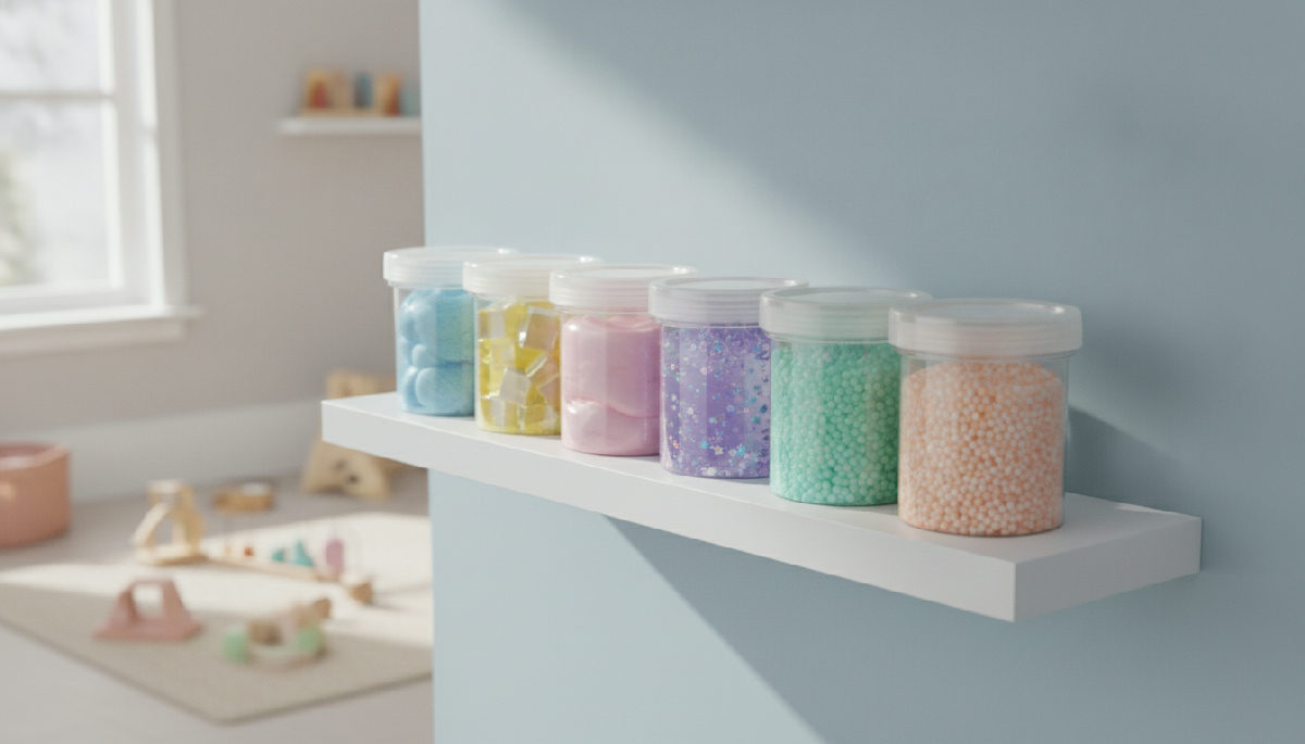 A row of airtight containers filled with different slime textures stored on a tidy shelf to show proper storage and organisation.