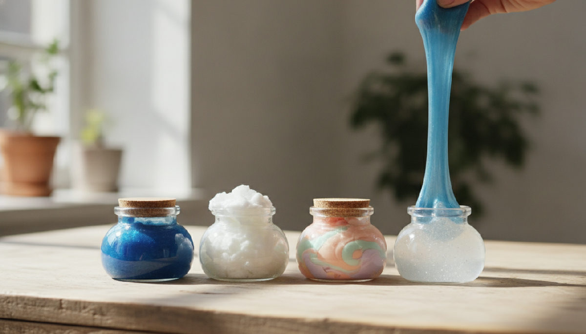 Four small airtight pots on a wooden table, each holding a different slime texture — glossy, fluffy, buttery and clear — while a hand stretches a glossy slime ribbon above them.