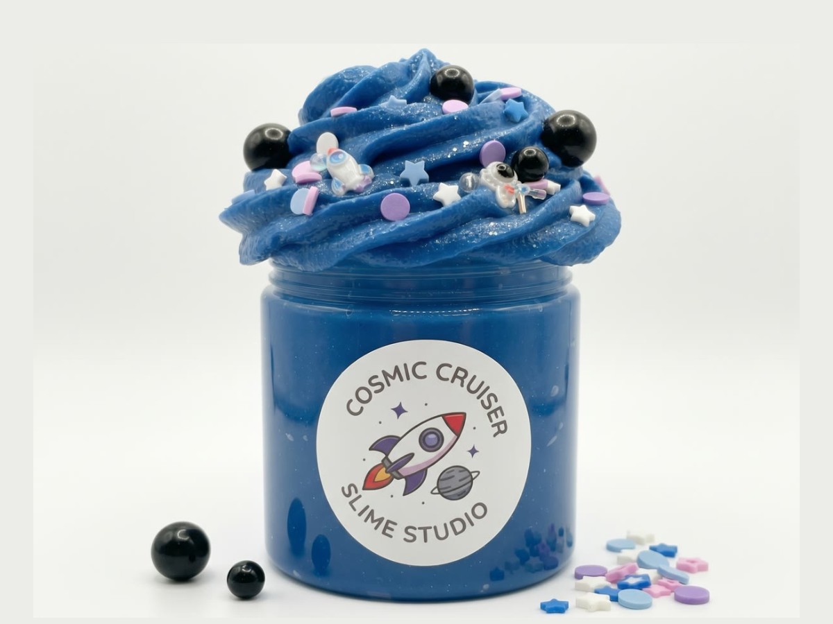 Cosmic Cruiser — thick & glossy slime, thick and glossy slime in deep blue with space charms and sprinkles, cherry scented