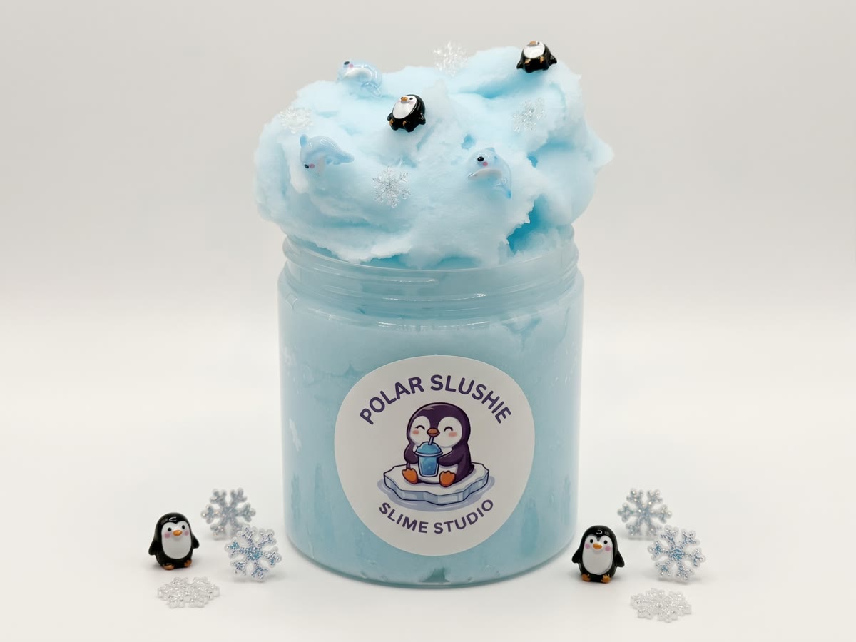 Polar Slushie — icee slime, in icy blue with penguin, dolphin and snowflake charms, watermelon scented