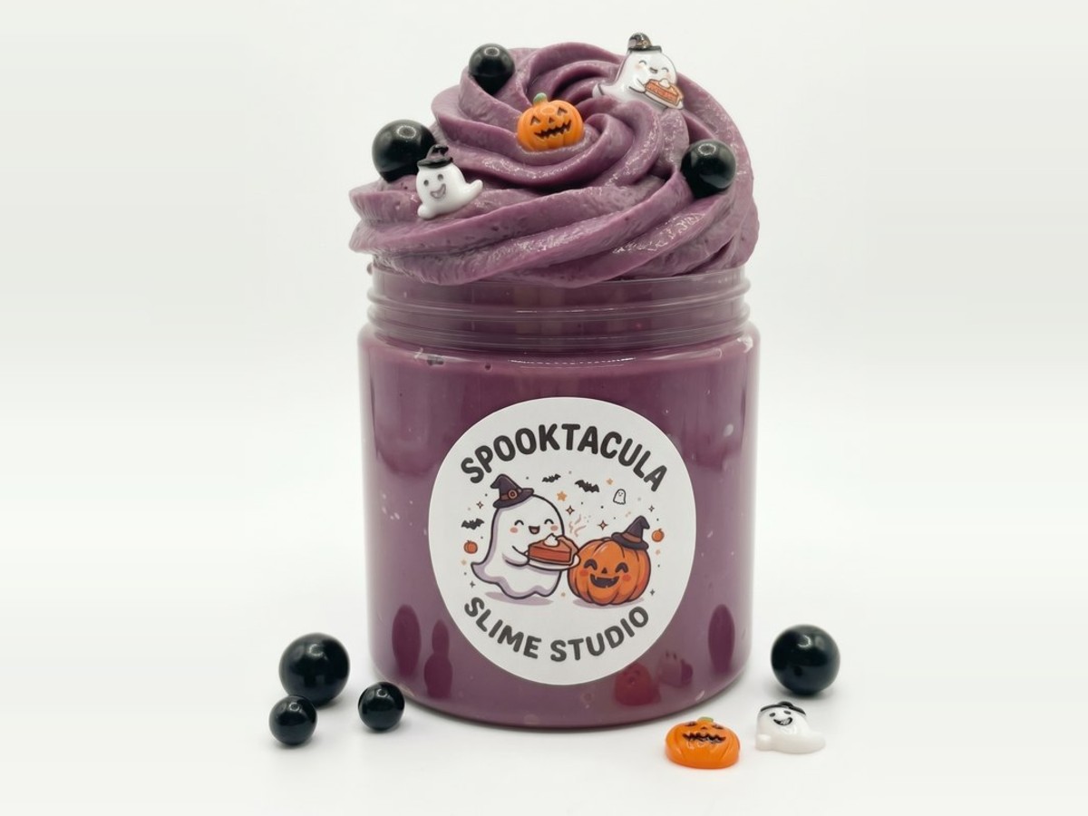 Spooktacula — thick & glossy slime, thick and glossy slime in purple with ghost charms, pumpkin charms and black pearl beads, pumpkin spice latte scented